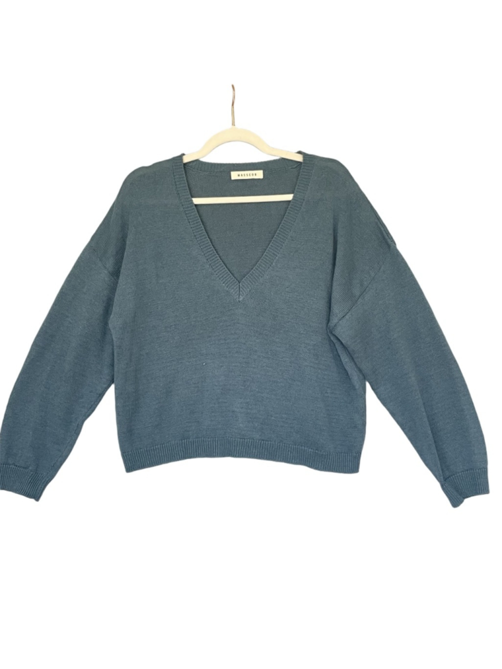 Masscob Linen Cotton V Neck Sweater M Blue Oversized Crop - Picture 2 of 11